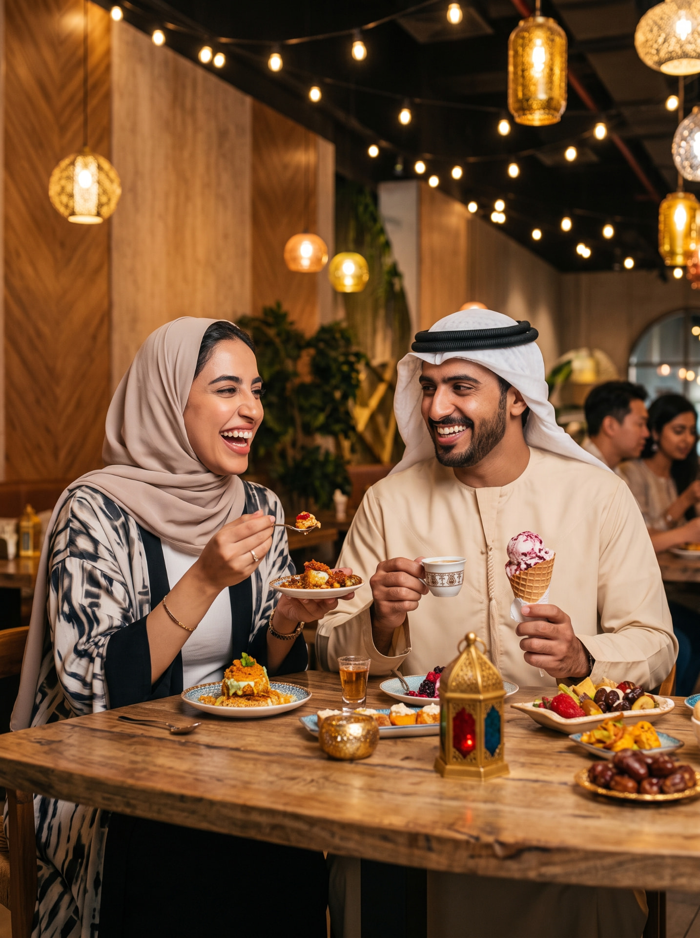 Man and woman in traditional Emirati attire sharing desserts, Arabic coffee and a Ramadan lantern at a restaurant table